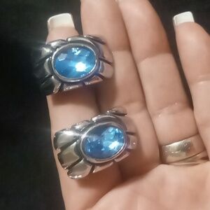 Vintage Blue cushion crystal cut aquamarine clip on earrings.